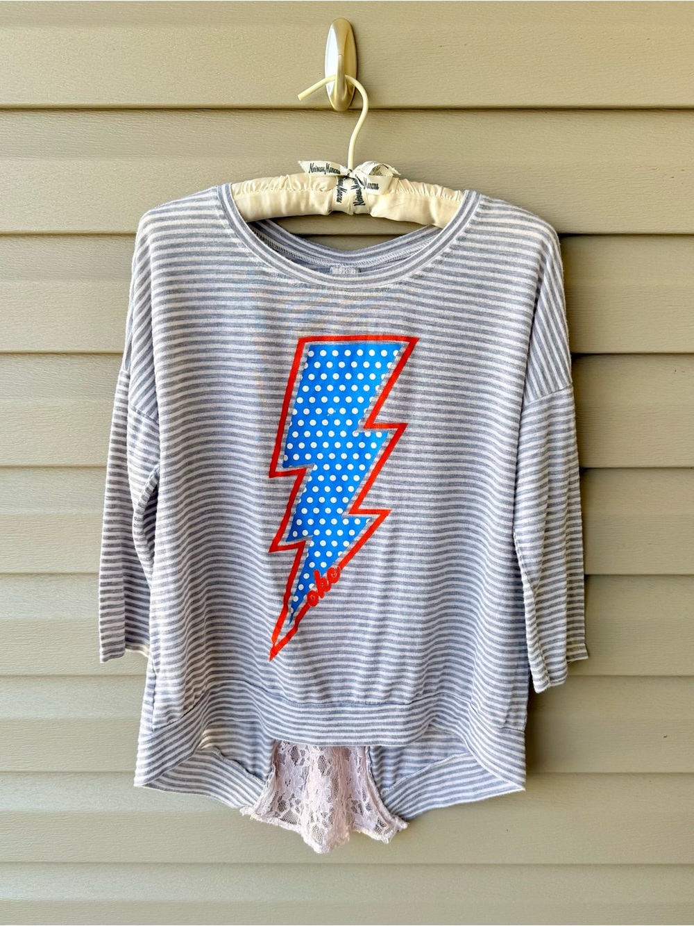 Oklahoma City Thunder Lightning Bolt Top Stripe Lace Back Boutique 3/4 Sleeve
